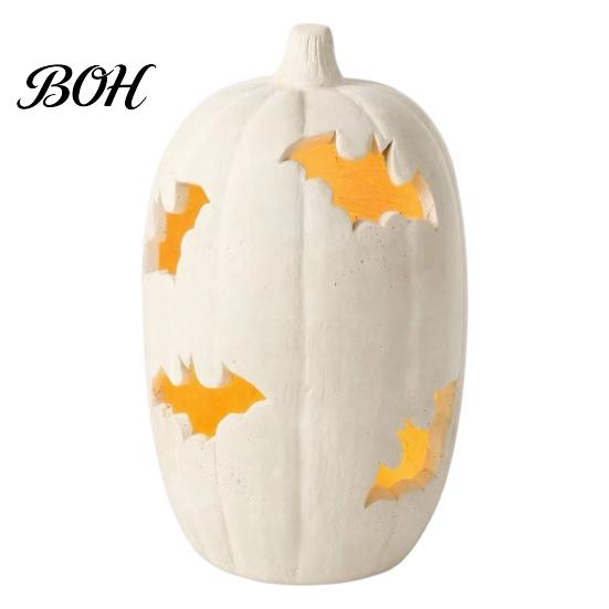Decorative Yard Figurines Halloween Pumpkin Resin Figurine, Bat Hollow Out Lantern with Atmospheric Night Lighting Warm Light, Spooky Indoor