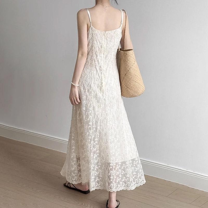 Camisole Dress Summer Lace Sexy Embroidery Crushed Flower Skinny Peplum Vacation Seaside Beach Dresses