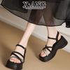 Small thick-soled heightened leather wedge sandals women's summer skirt rhinestone open-toed shoes