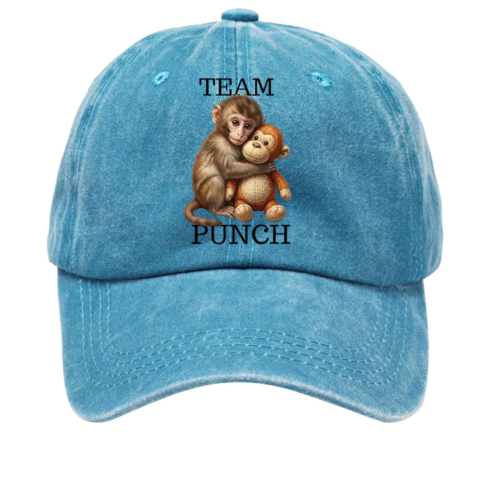 Washed Cotton Baseball Cap Soft Top Denim Hat Vintage Style Embroidered Monkey Print Adjustable Unisex Casual Headwear TEAM PUNCH One Size синий