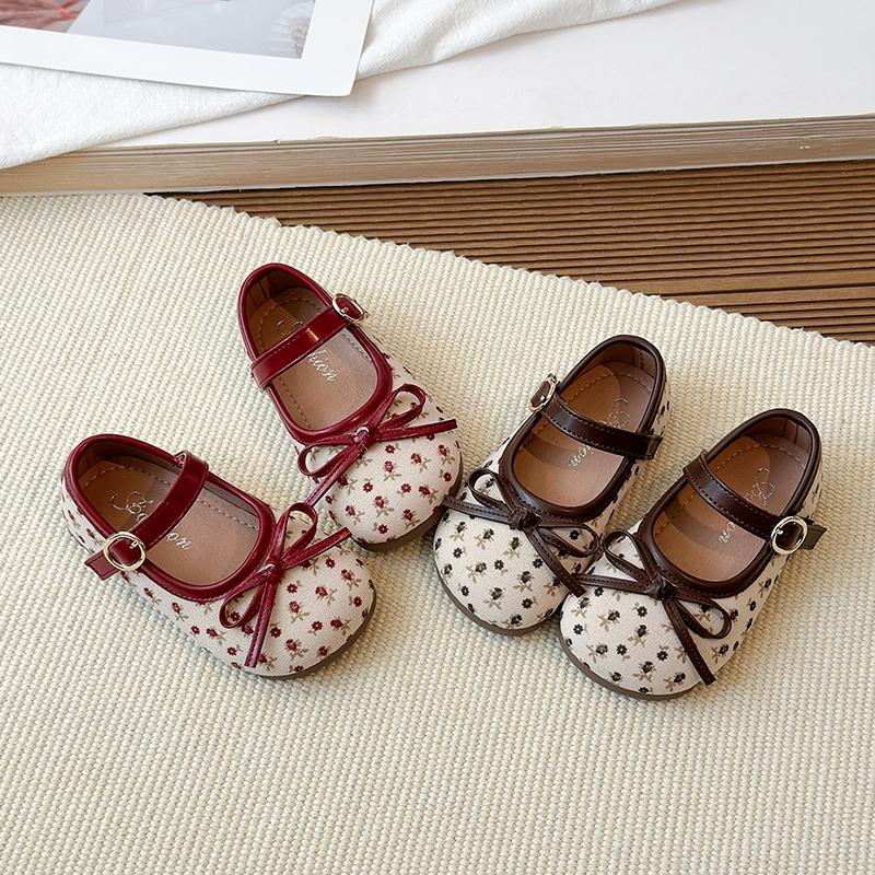 Spring Girl's Mary Janes Flower Bowknot Hook-loop Sweet Kid's Flat Shoe Solid Colors Chic Charming Daily Children Shoes 4-6Y
