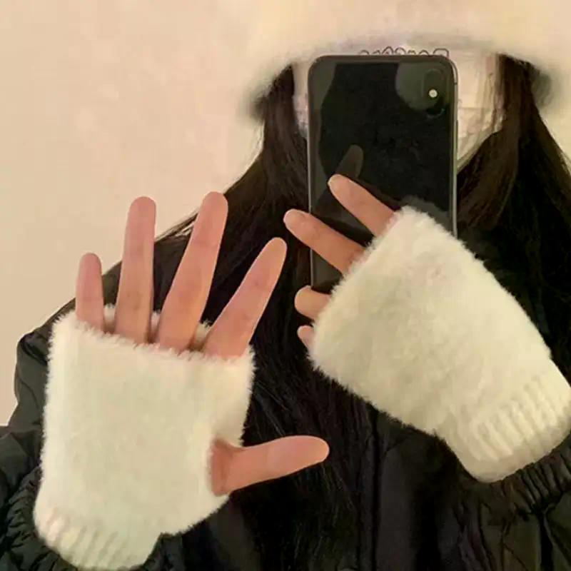 Women's Soft Winter Warmth Luxury Plush Knitted Fingerless Gloves Solid Color Imitation Mink Fleece Half Finger Gloves