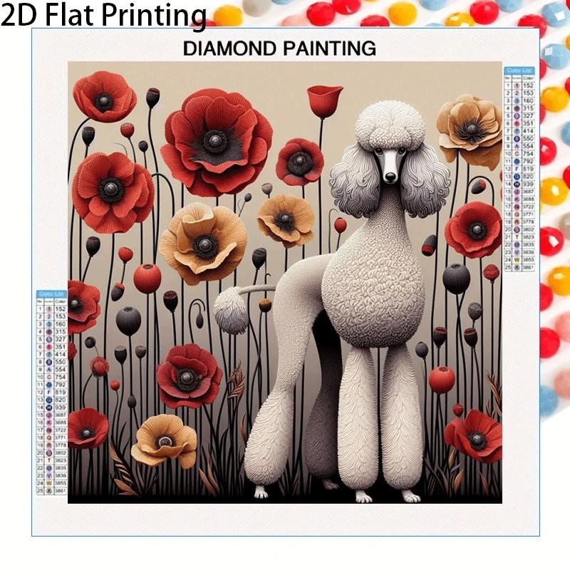 2D Flat Printing 2D Flat Frameless DIY Diamond Painting, Featuring a Curly-haired Poodle and a Sea of Poppies, Meticulously Reproduces Fur Textures an