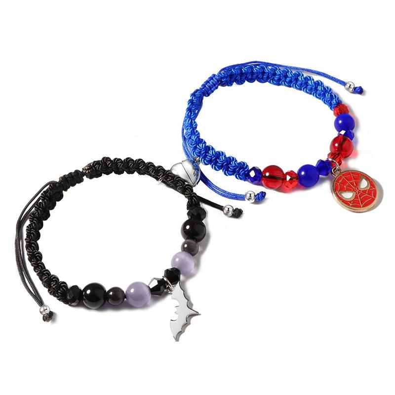 Spider Kitty Charm Bracelets Rope Heart Magnetic Matching Bracelets for Couples Crystal Beaded Bracelet Halloween Jewelry