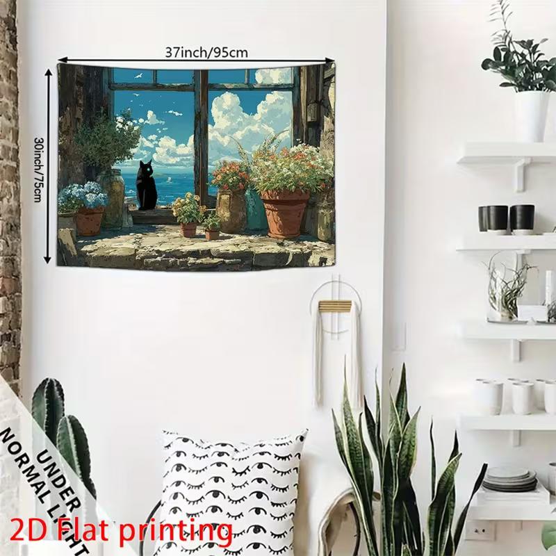 2D Vintage Window Cat Backdrop Cloth, Coastal Flower Pot Room Background