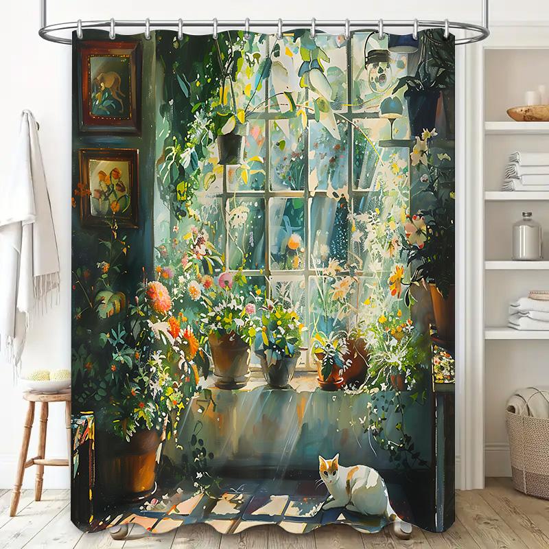 

Sunny Window Sill With Potted Plants And Cat Shower Curtain - Artistic And Relaxing Bathroom Decor Easy To Install And Maintain W60H190(CM)-1 Pcs