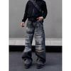 JYL Unisex Straight Jeans American Mud Dyed Ripped Vintage Denim