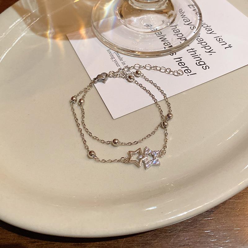 Korean Style Double Layered Hollow Star Bracelets for Women Girls Sweet Cute Fine Chain Bracelets Daily Wear Jewelry Accessories