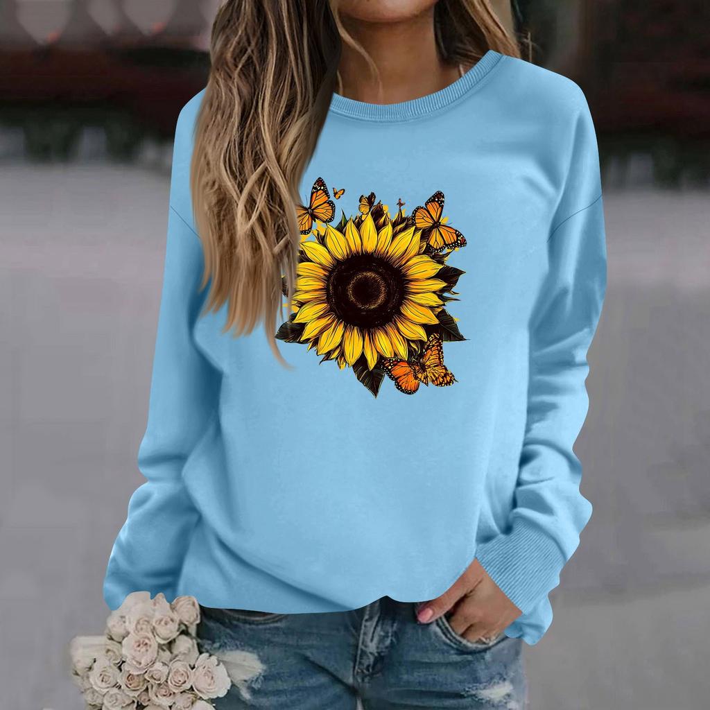 Sweat-shirt décontracté à manches longues et col rond pour femme, couleur unie, imprimé