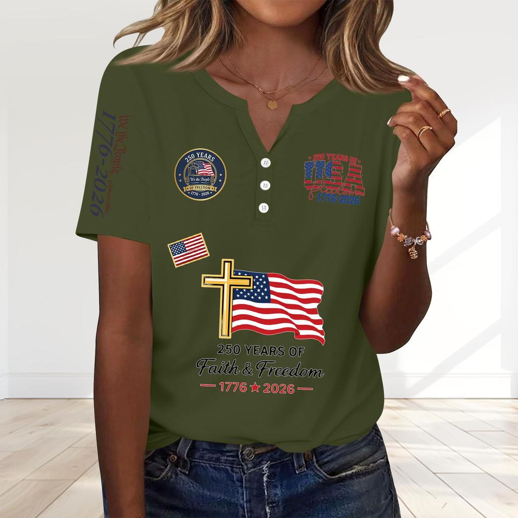 Women's Fashion Casual 250th Anniversary Independence Day Print V-Neck Short Sleeve Decorated Button-Up T-Shirt