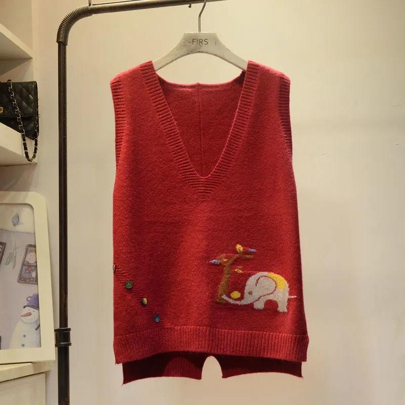 Embroidered Cartoon Elephant Women Knit Vest Retro Style Knitted Pullover Loose Casual Solid Color Thin Sweater Harajuku Style Knit Base Shirt Autumn