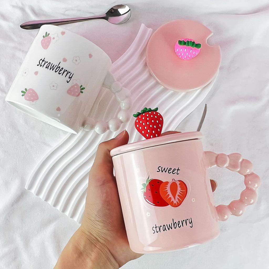 Cute Ceramic Mug with Lid Spoon Small Fresh Water Cup Souvenir Home Coffee Cup Strawberry Couple Cup