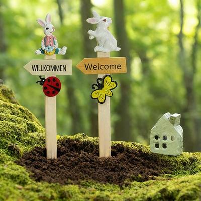 New Wooden Easter Welcome Standing Sign Cartoon Bunny Resin Garden Landscape Decoration DY Stakes Lawn Ornament Party Decoration