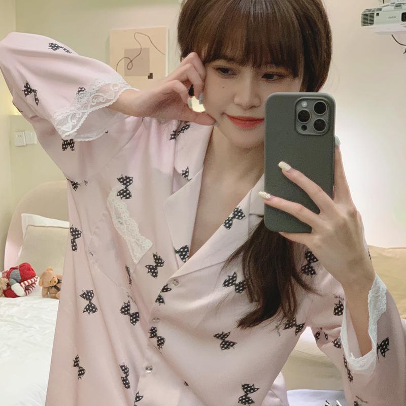 Spring and Autumn Ice Silk Pajamas Women's 1011 Polka Dot Simulation Silk Sweet and Cute Lace Loungewear Set