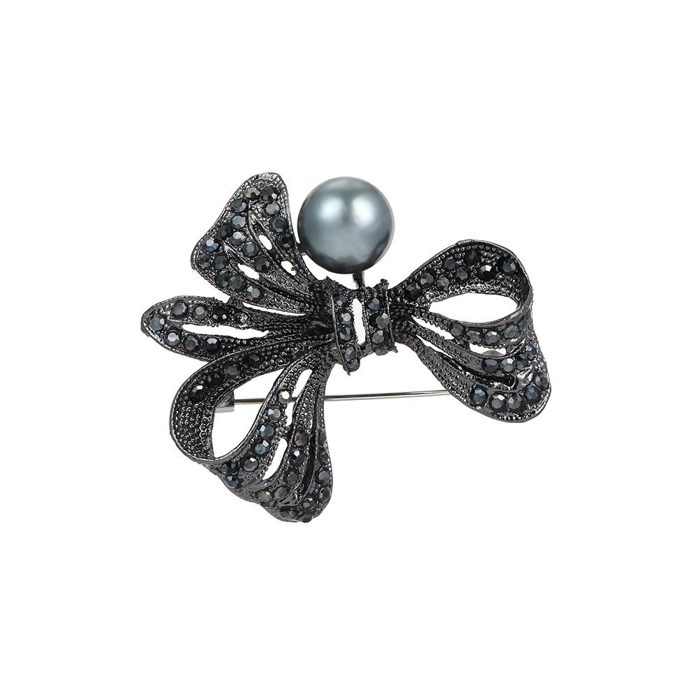Black Diamond Bow Pearl Brooch Women, Creative Design Sense Fashion Suit Jacket Cardigan Pin