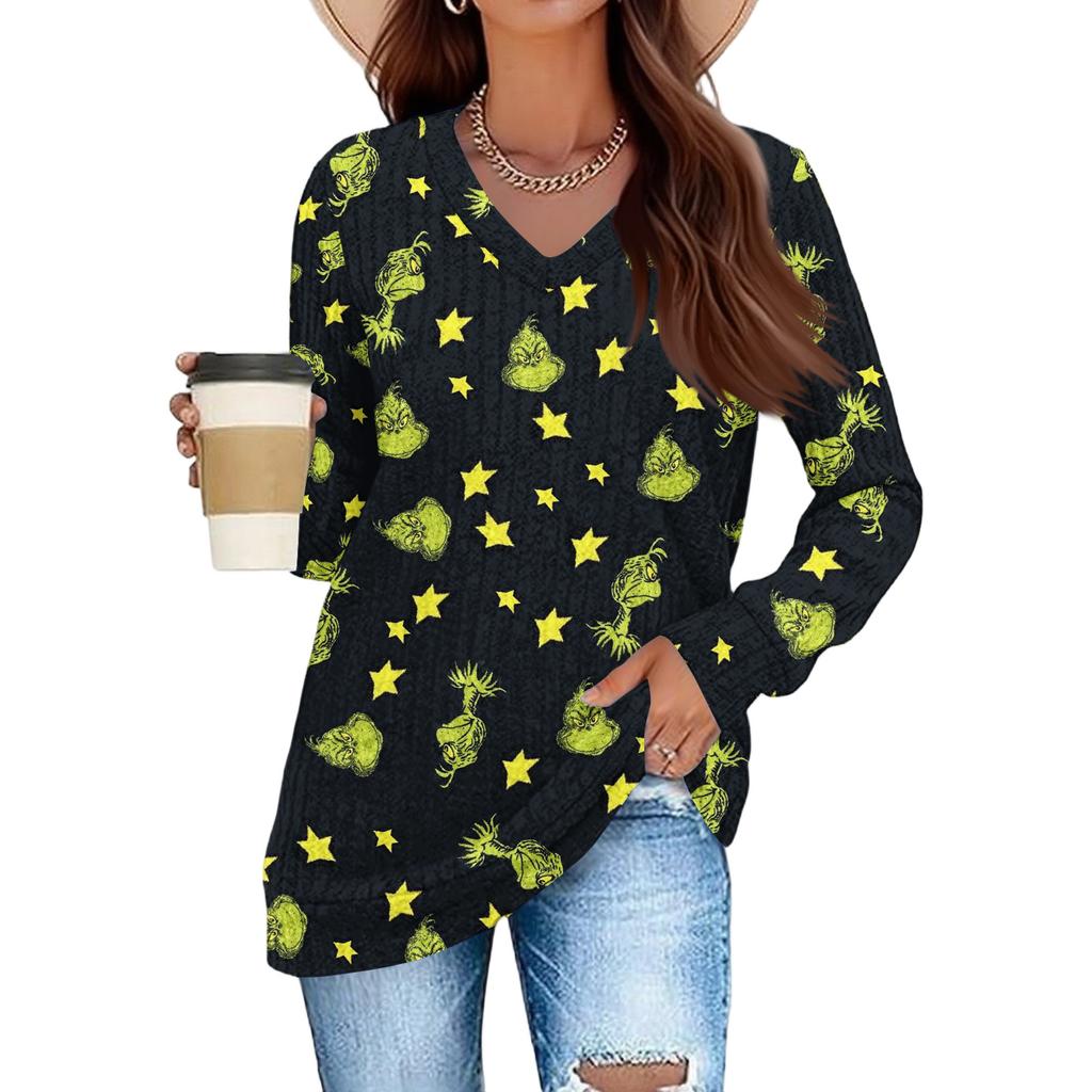 Women's Fashionable Loose-Fit V-Neck Long-Sleeved T-Shirt Christmas Print Pullover