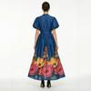 French Vintage Flower Maxi Dress Women Puff Sleeve V-Neck Elegant Floral Print High Waist Sashes A-Line Summer Beach Long Maxi Dresses