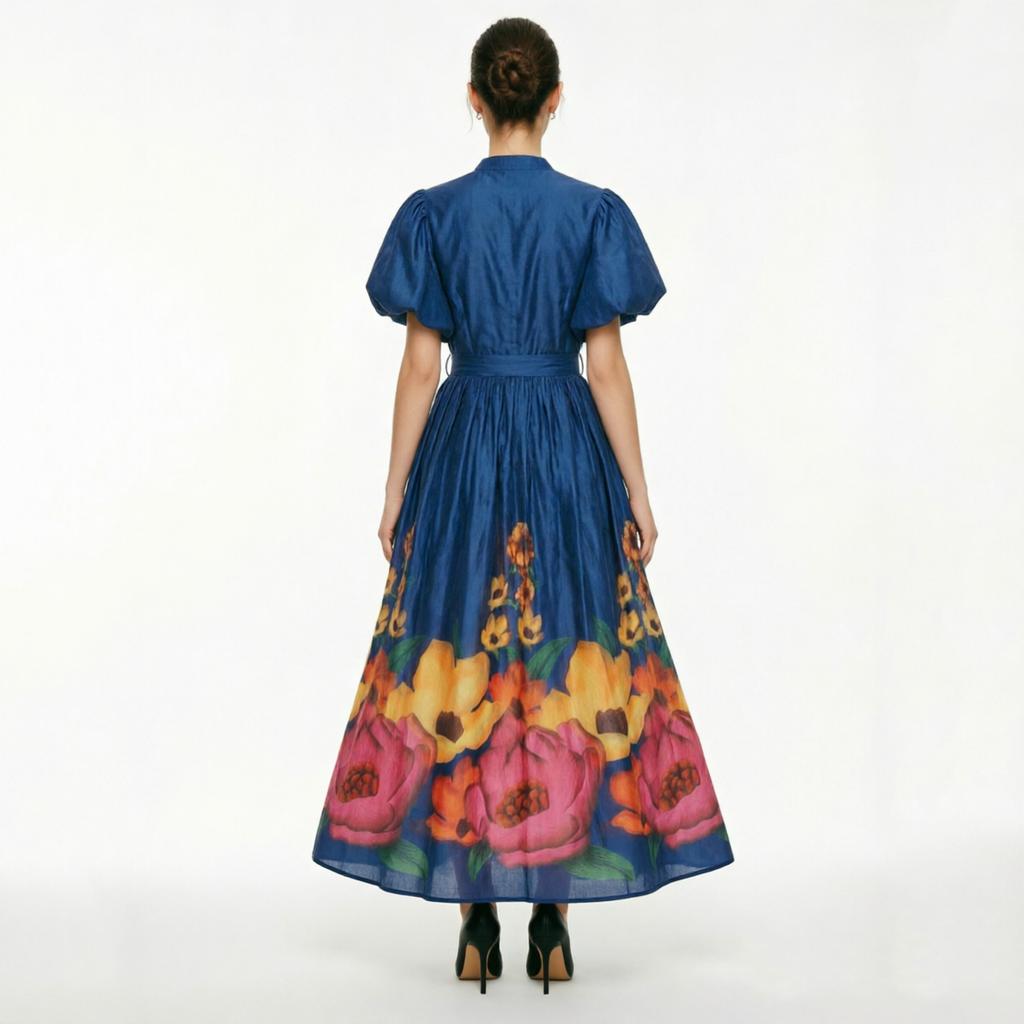 French Vintage Flower Maxi Dress Women Puff Sleeve V-Neck Elegant Floral Print High Waist Sashes A-Line Summer Beach Long Maxi Dresses