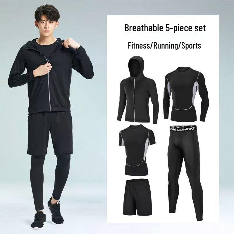 Pánské rychleschnoucí sportovní oblečení z ledového hedvábí s těsným střihem: Set s krátkým rukávem a pětibodovými kalhotami na letní fitness a běh