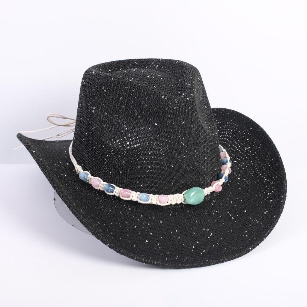 Popular European and American Classic Western Denim Straw Hat, Men's and Women's Fashion Outdoor Sunscreen Sequined Straw Hat