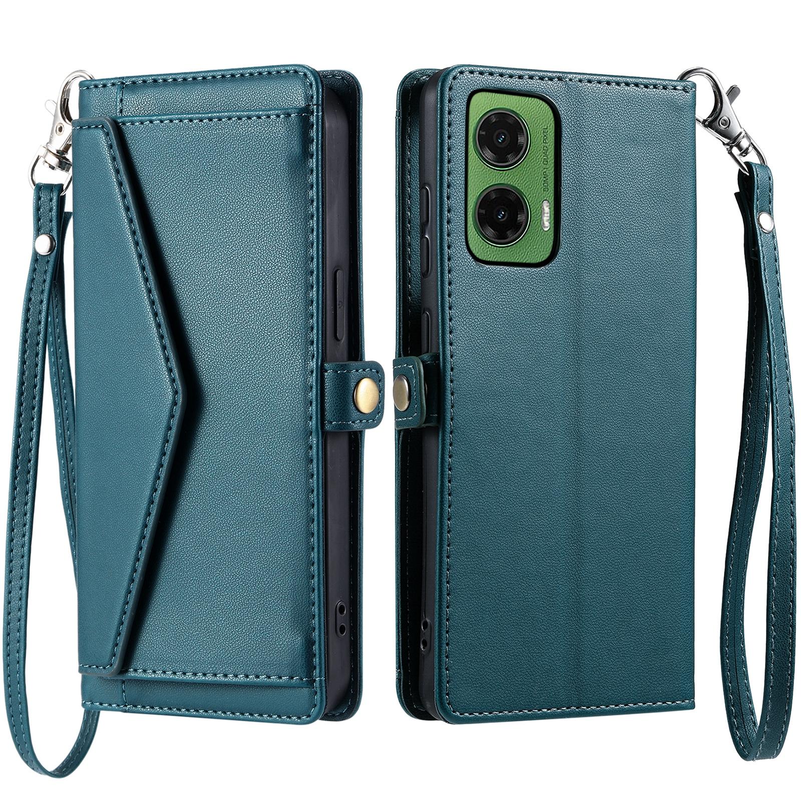 

For Motorola Moto G35 5G Leather Case with Wrist Strap Wallet Stand Phone Cover Blackish Green