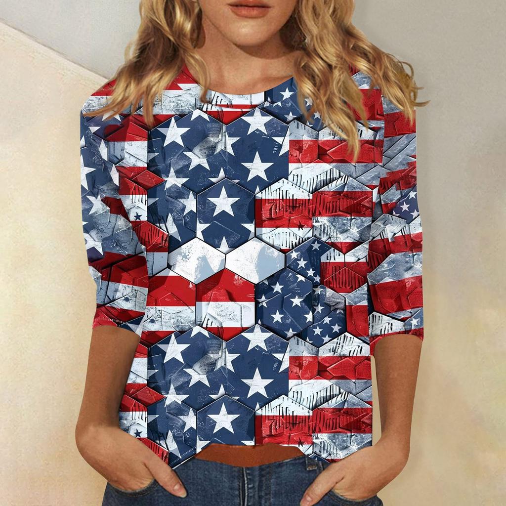 Women's Fashion Casual Three-quarter Sleeve Independence Day Printed Round Neck Top