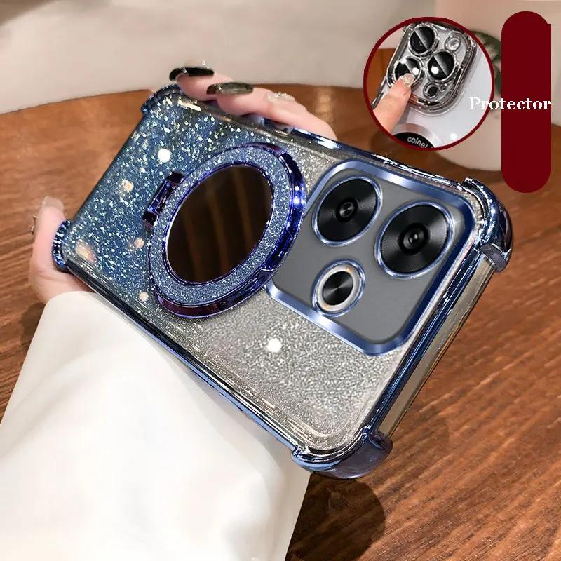 Glitter Mirror Stand Holder Case For Xiaomi POCO X7 X6 F7 F6 F5 Pro For Redmi 14 Pro Plus 14T 13T Pro 14C  Magnetic Cover