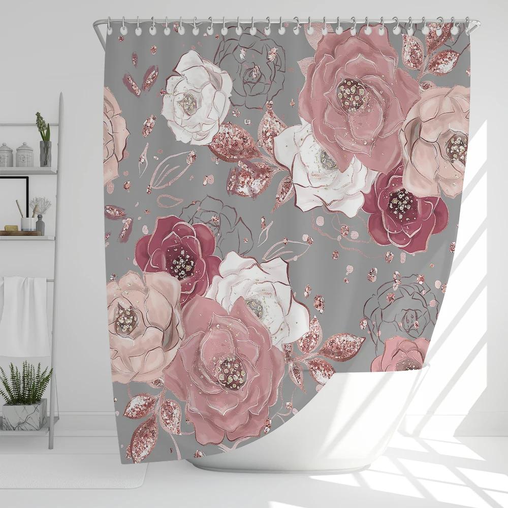 1 Pcs nordic beautiful flowers waterproof shower curtain, rose flower bathroom decoration curtain, with plastic hooks W90XH180cm