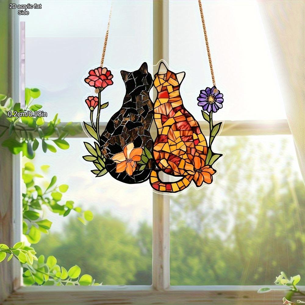 Cat and Flower Colorful Window Hanging, Cat and Flower Sun Catching Window, Indoor and Outdoor Home Decoration Garden Decoration, Suitable for Wedding