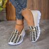 Women's Houndstooth Slip-On Sneakers - Casual Breathable Walking Shoes with Chain Decor