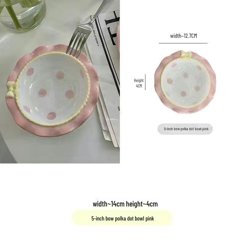 Keramikgeschirr-Set im koreanischen Stil: Punkte Schleife - Niedliche Reisschalen & Tiefe Teller