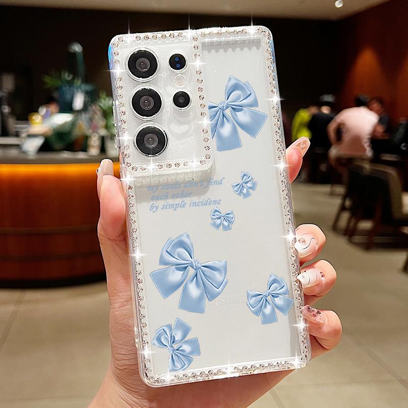 Pink Bow Print Phone Case For Samsung Galaxy A55 A56 A54 A36 A15 A26 A16 5G S25 Edge S24 S23 S22 Ultra S23 FE Diamond Soft Cover