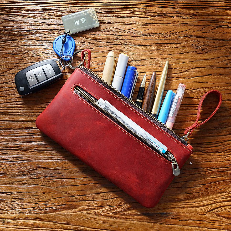 2026 Retro Crazy Horse Leather Zipper Pencil Case Creative Portable Simple Hand Grab Storage Bag Large Capacity Pencil Case New Product