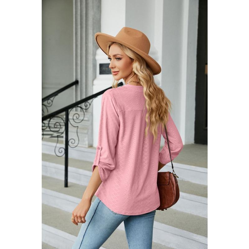 YYFS Blusas y camisas con cuello en V y mangas 3/4 con estampado de color sólido informal para verano y primavera para mujer