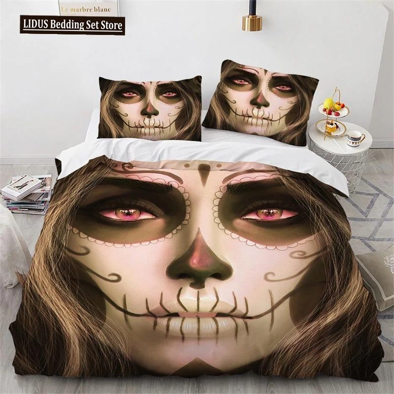 Skull Duvet Cover Queen Size Microfiber Vintage Sugar Skull Girl Day Of The Dead Bride With Dark Color Roses Graphic Bedding Set