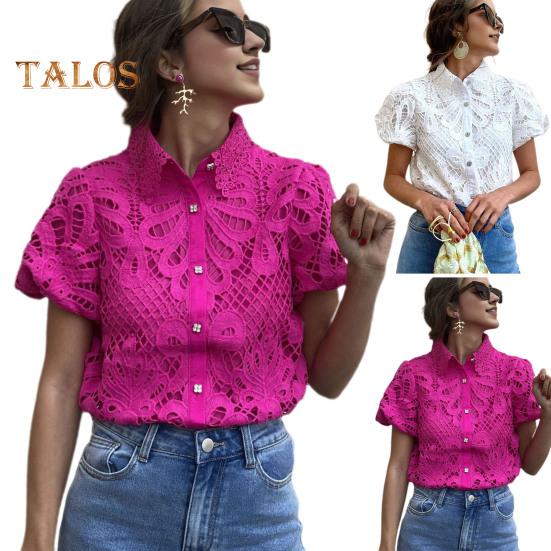 Women Shirt Lapel Puff Short Sleeve Slim Fit Shirt Tops Solid Color Button Closure Hollow Lace Crochet Blouse