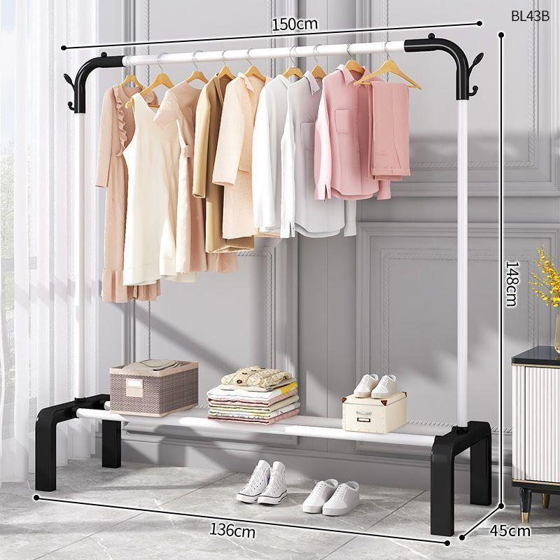 Plastic Floor-Standing Balcony and Bedroom Clothes & Hat Rack, with Folding Drying Pole and Storage.
