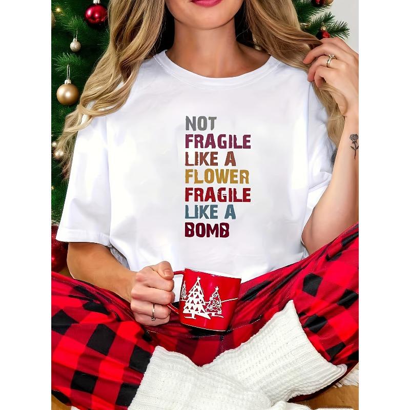 

Women s Not As Fragile As A Flower Slogan Tee, White Short-sleeve Round-neck Printed T-shirt - Machine Washable, Suitable for Spring, 4XL