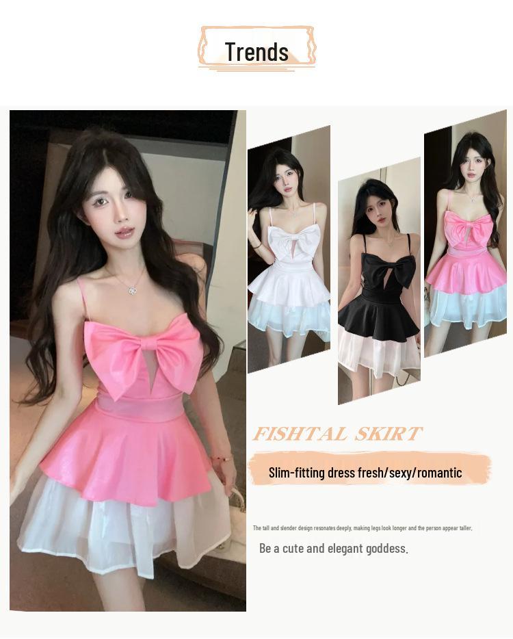Bow-Knot Sling Dress with Chest Pads: Slim Fit, Waist-Cinching A-Line Short Skirt