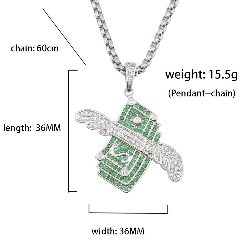 Euro-American Rap Style Hip Hop Dollar Wings Zircon Pendant Necklace for Men & Women