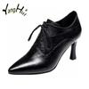 High Pumps Pu Plaid Lace-up Pointed Toe British Style Short Leather Boots Waterproof 2024 New Fashion Spring Autumn