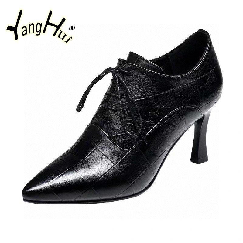High Pumps Pu Plaid Lace-up Pointed Toe British Style Short Leather Boots Waterproof 2024 New Fashion Spring Autumn