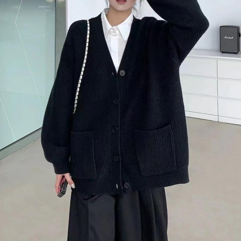 Loose and lazy wind V-neck sweater cardigan women's autumn and winter simple solid color versatile medium and long knitted jacket women