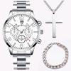 3 pezzi/set, 1 orologio da polso al quarzo con calendario da uomo alla moda e 1 braccialetto casual da uomo e 1 collana classica con croce, scelta ideale per regali per uomini