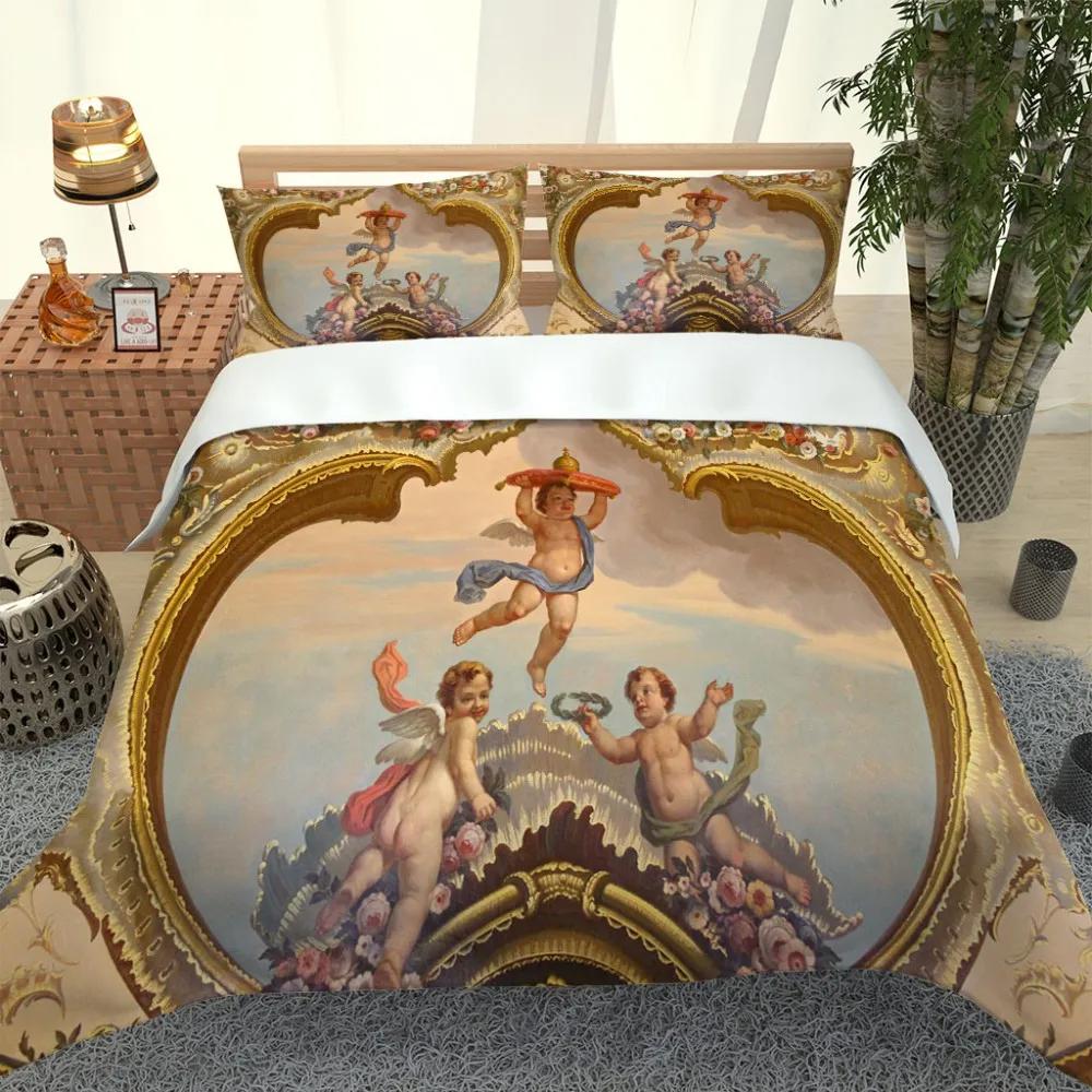 3D Angel Bedding Collection Golden Luxury Bedclothes European Pattern Duvet Cover Retro Chain Comforter Cover 3 Piece For Girls Boys