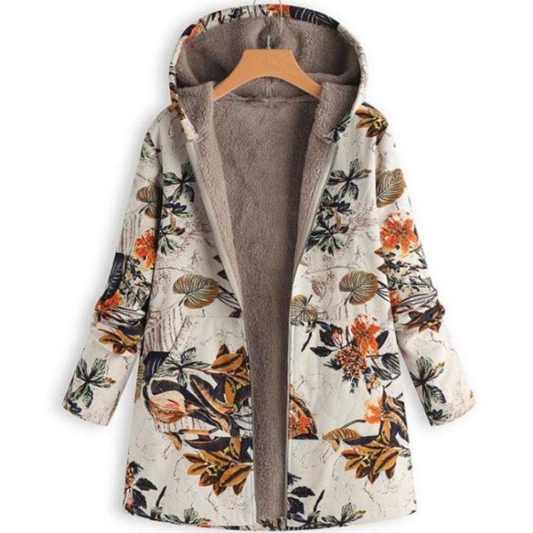 Women Winter Fleece Jacket Vintage Floral Hooded Coat Casual Warm Zipper Outwear Long Sleeve with Pockets