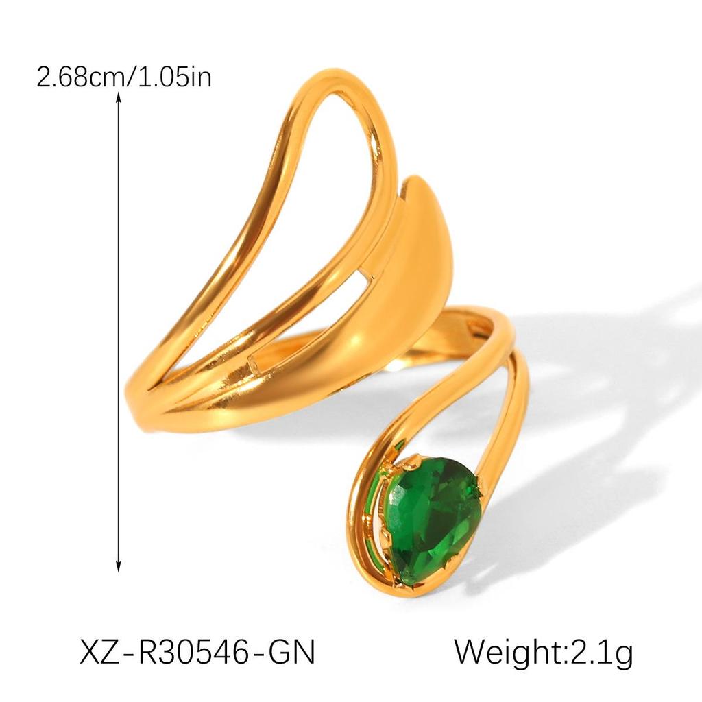 Retro Green Gemstone Zircon Stainless Steel Open Ring for Women