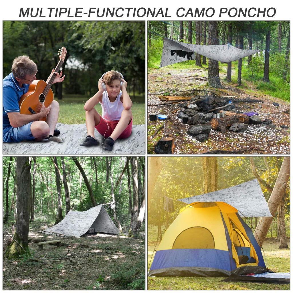 Tencen Camouflage Rain Perfect for and Outdoor Includes Storage One Size Fits Unisex Poncho, Waterproof, 3-Way Raincoat, Airsoft, Camping, Activities,