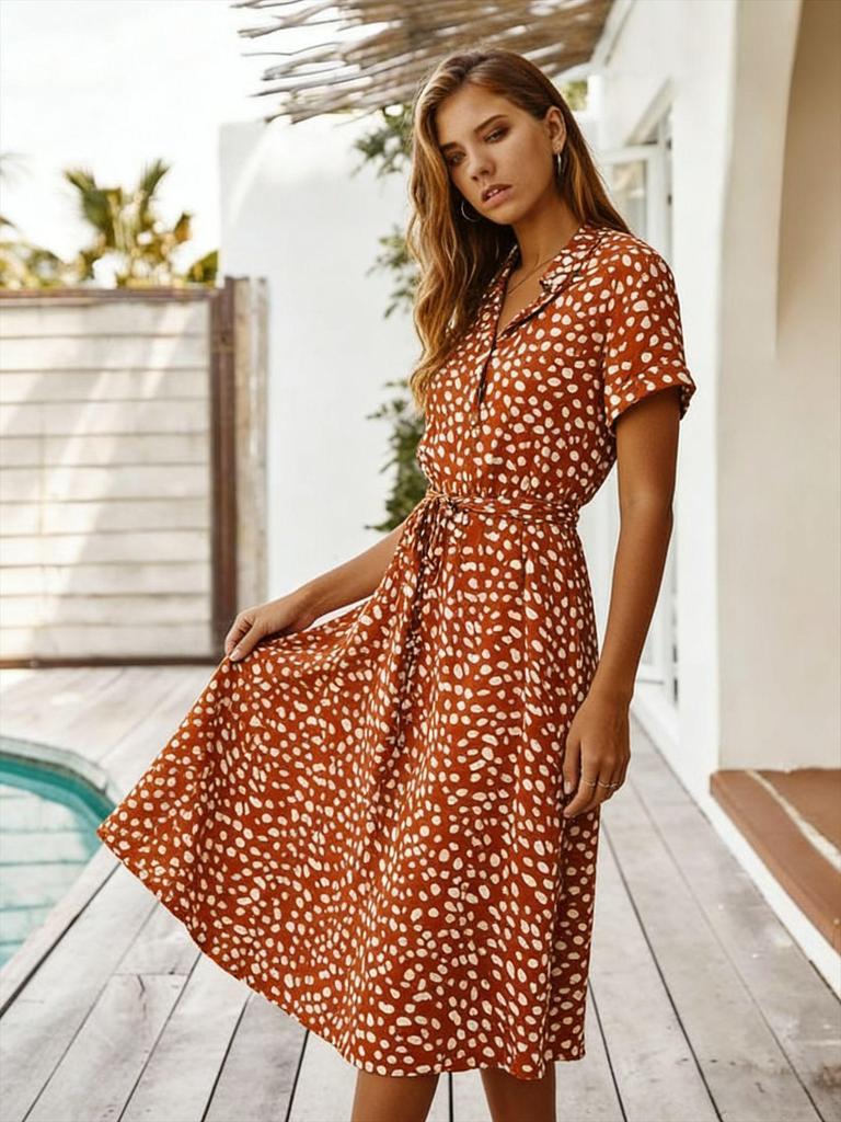 2025 Summer New V-Neck Polka Dot Long Dress with Tie