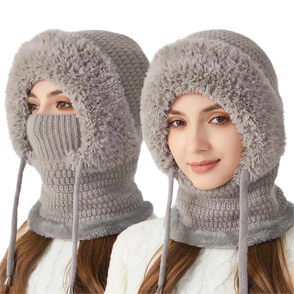 Women's Outdoor Winter Fleece-Lined Thick Knitted Hat, Neck Warmer, Face Covering Mask Warm Set